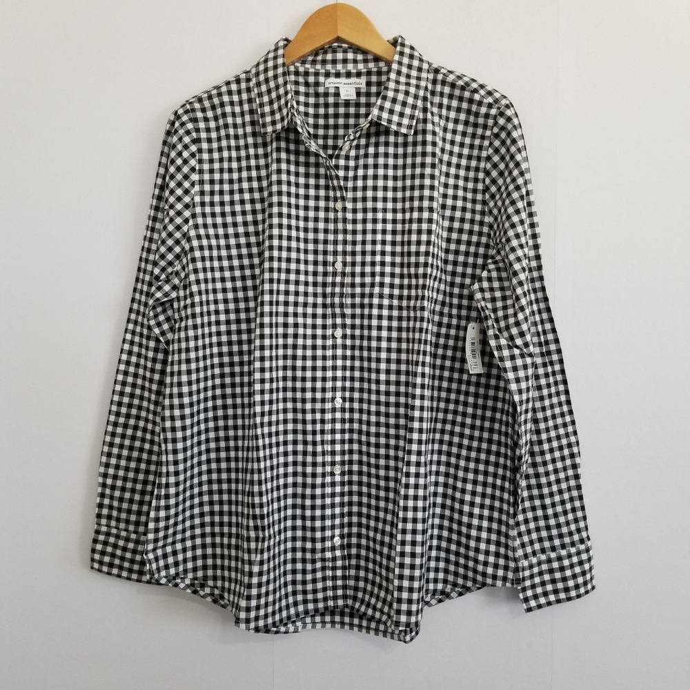 NWT Amazon Essentials Black and White Gingham Button Down Shirt Size XL